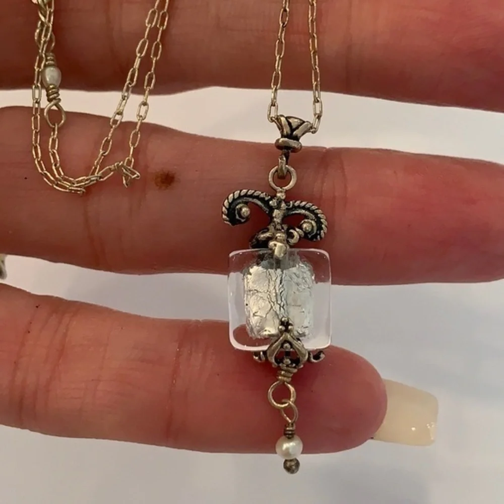 Sterling silver natural pearls art glass pendant
